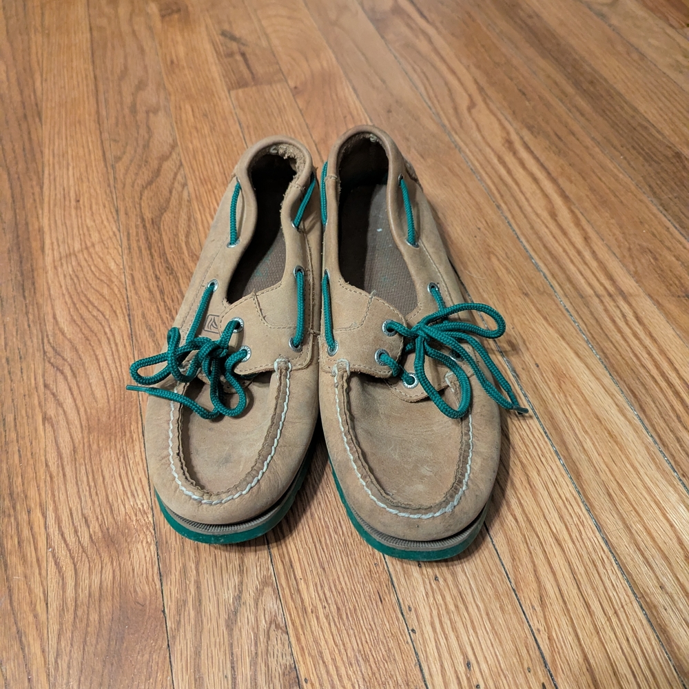Sperry Tan Boat Shoes with Teal Details